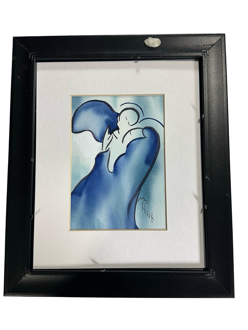 M Hart Signed Framed Abstract Silhouette Blue Embrace Watercolor Painting 12x14